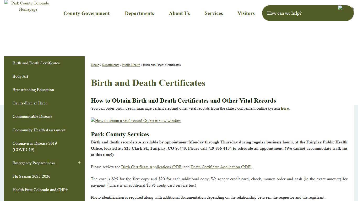 Birth and Death Certificates Park County, CO